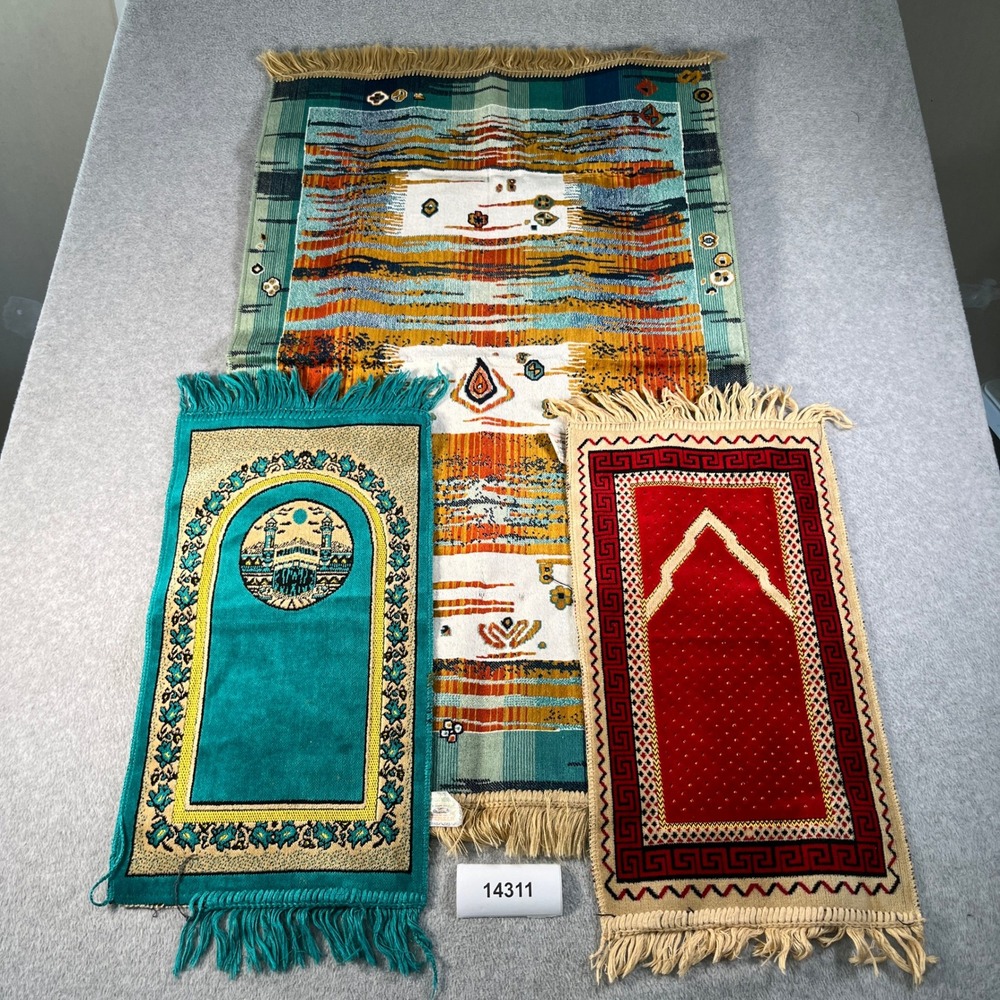 Vintage Islamic Prayer Rug Islamic Janamaz Tapestry Velvet Fringe Set of 3